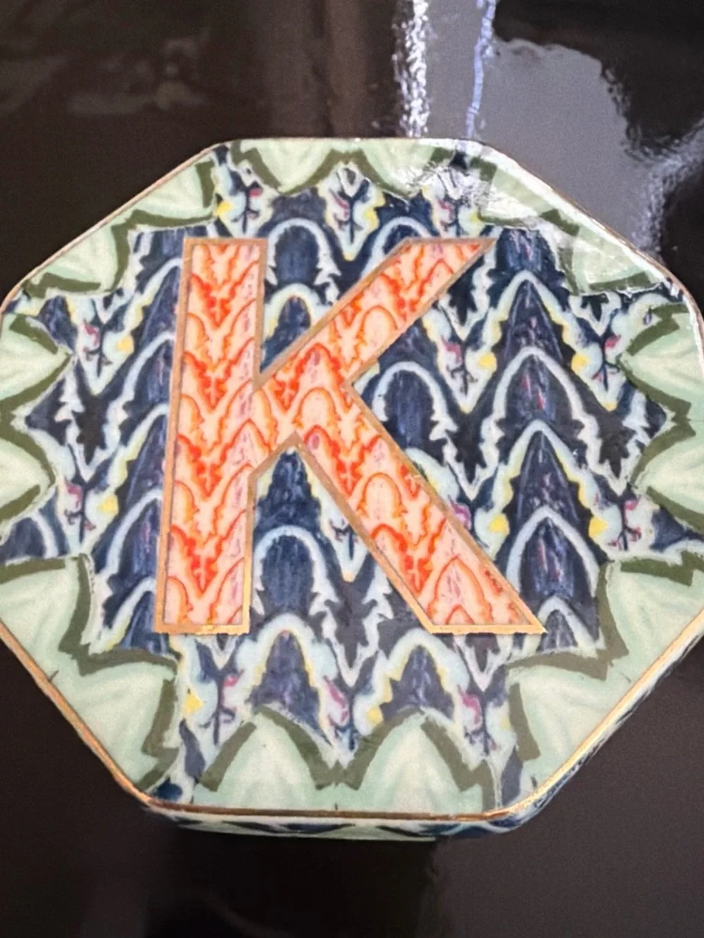 Anthropologie Decorative Octagon Jewelry Box with Orange 'K' Monogram
